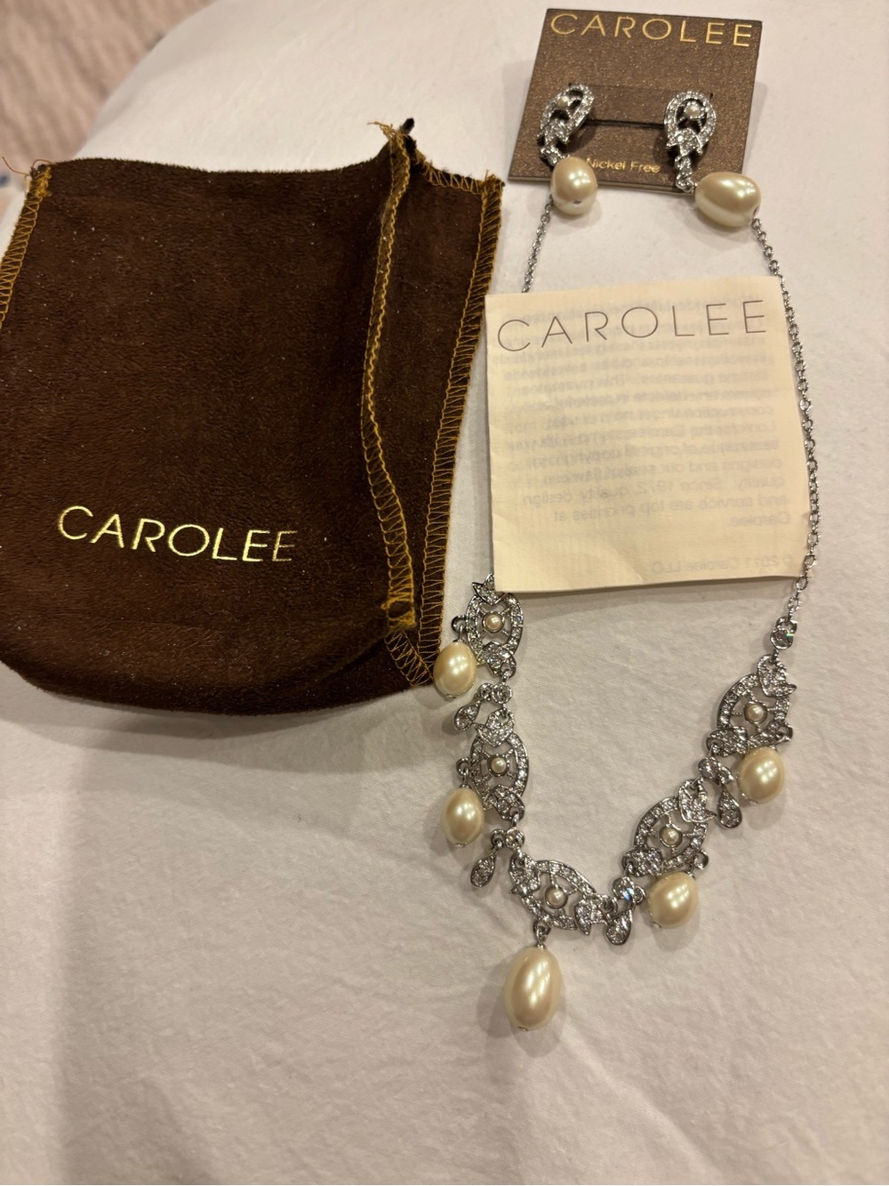 Carolee Silver-Tone Pearl & Crystal Bib Necklace and earrings with Cream Pearls